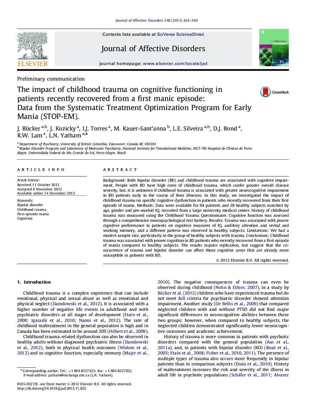 The impact of childhood trauma on cognitive functioning in patients recently recovered from a first manic episode: Data from the Systematic Treatment Optimization Program for Early Mania (STOP-EM).