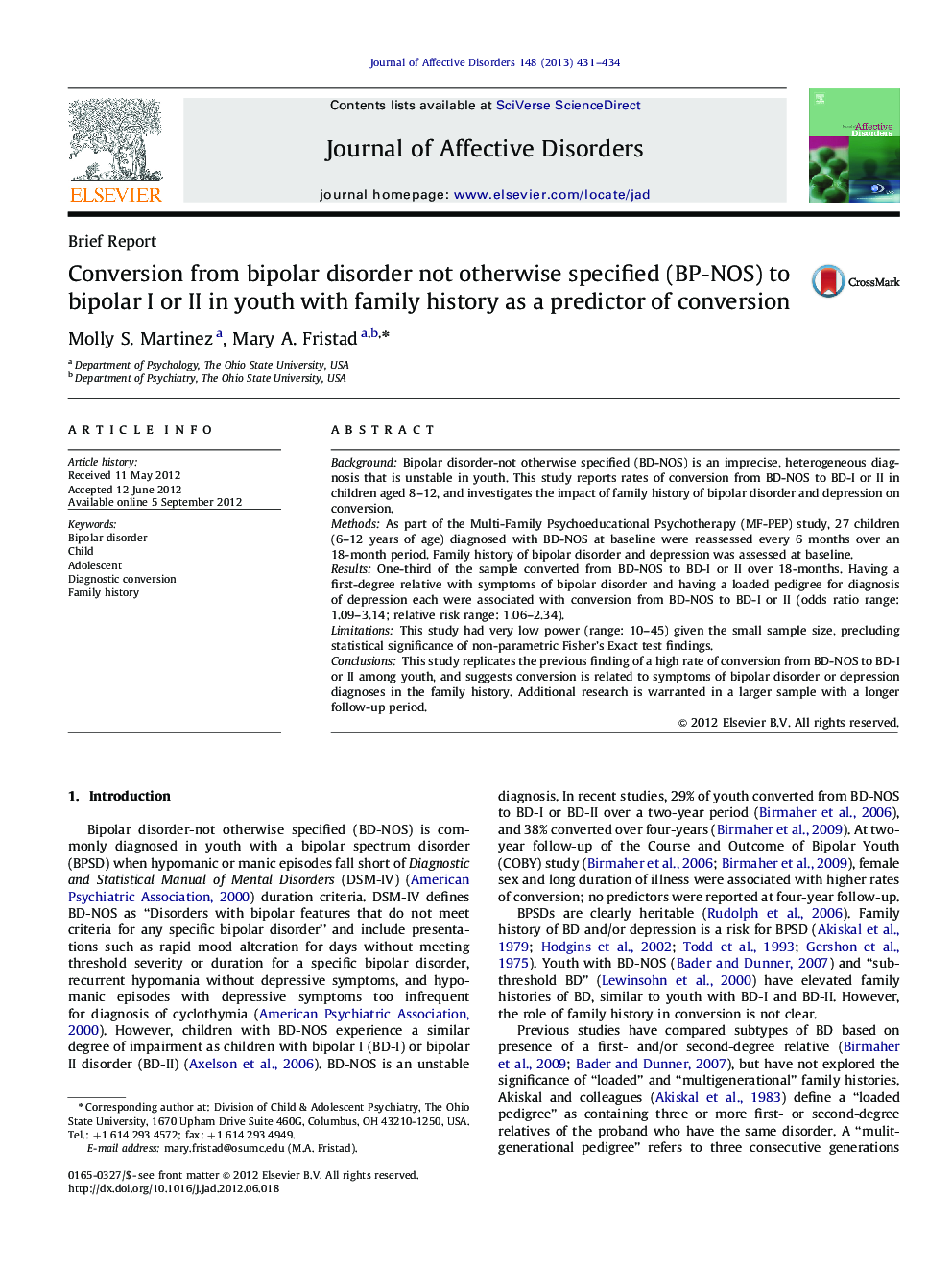 Conversion from bipolar disorder not otherwise specified (BP-NOS) to bipolar I or II in youth with family history as a predictor of conversion