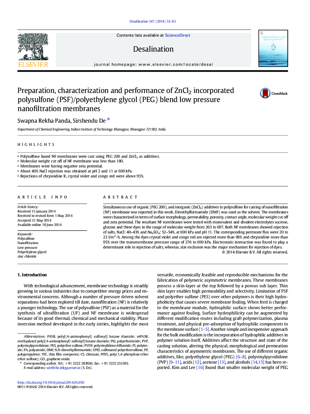 Preparation, characterization and performance of ZnCl2 incorporated polysulfone (PSF)/polyethylene glycol (PEG) blend low pressure nanofiltration membranes