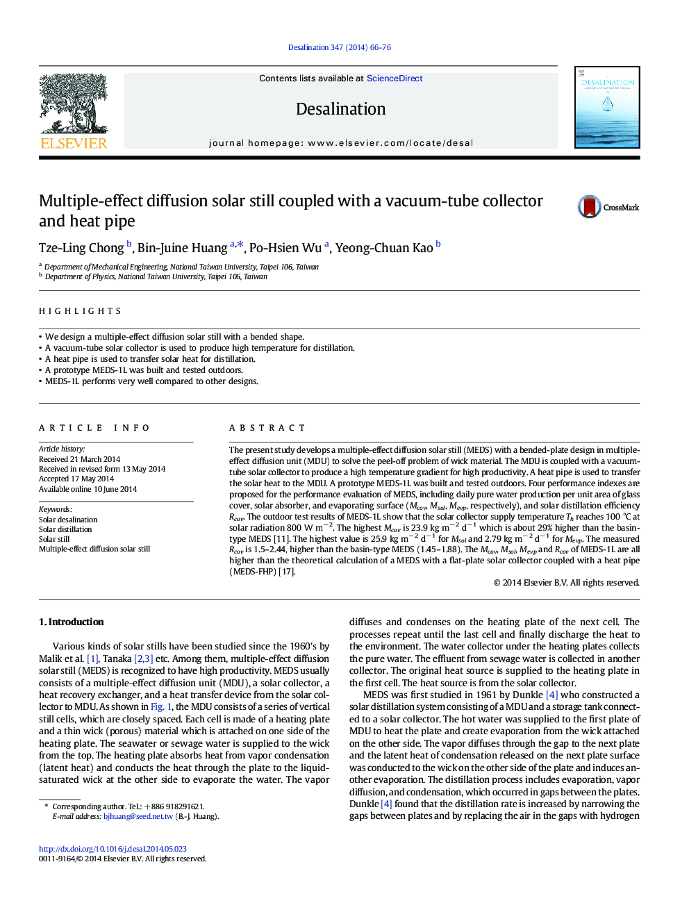 Multiple-effect diffusion solar still coupled with a vacuum-tube collector and heat pipe