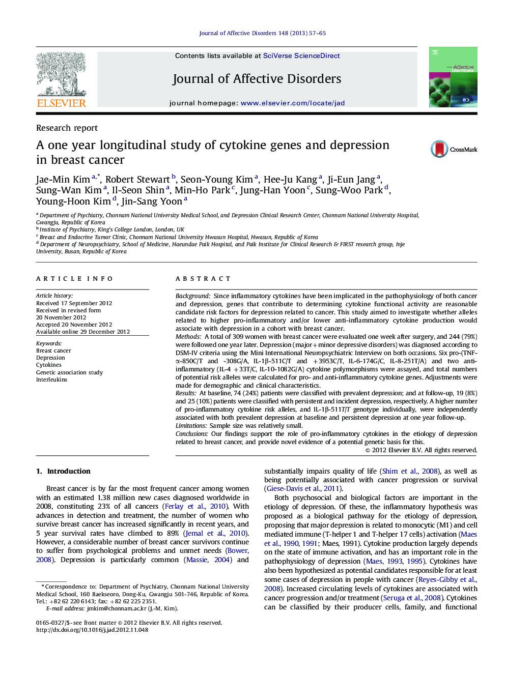 A one year longitudinal study of cytokine genes and depression in breast cancer