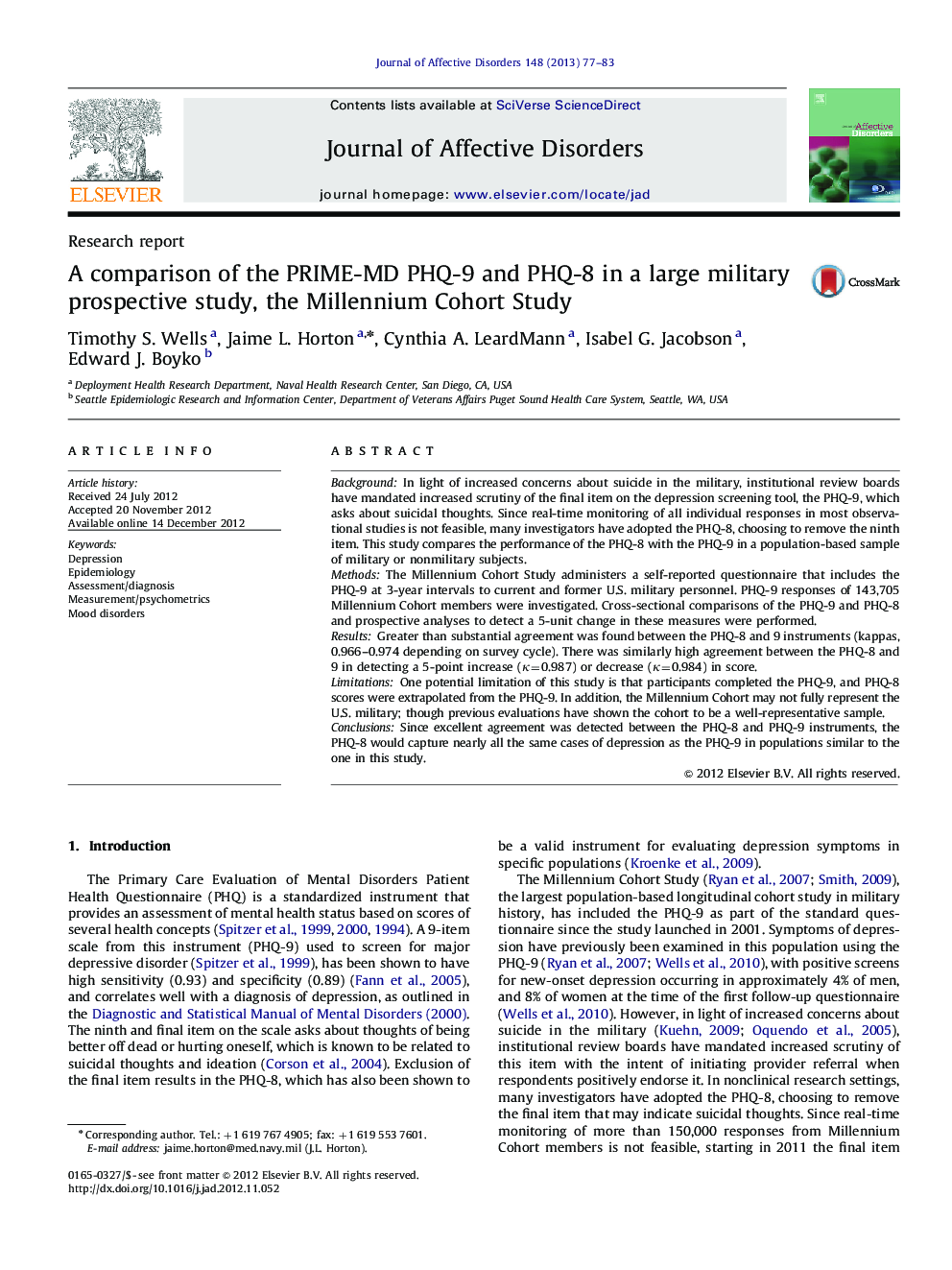 A comparison of the PRIME-MD PHQ-9 and PHQ-8 in a large military prospective study, the Millennium Cohort Study