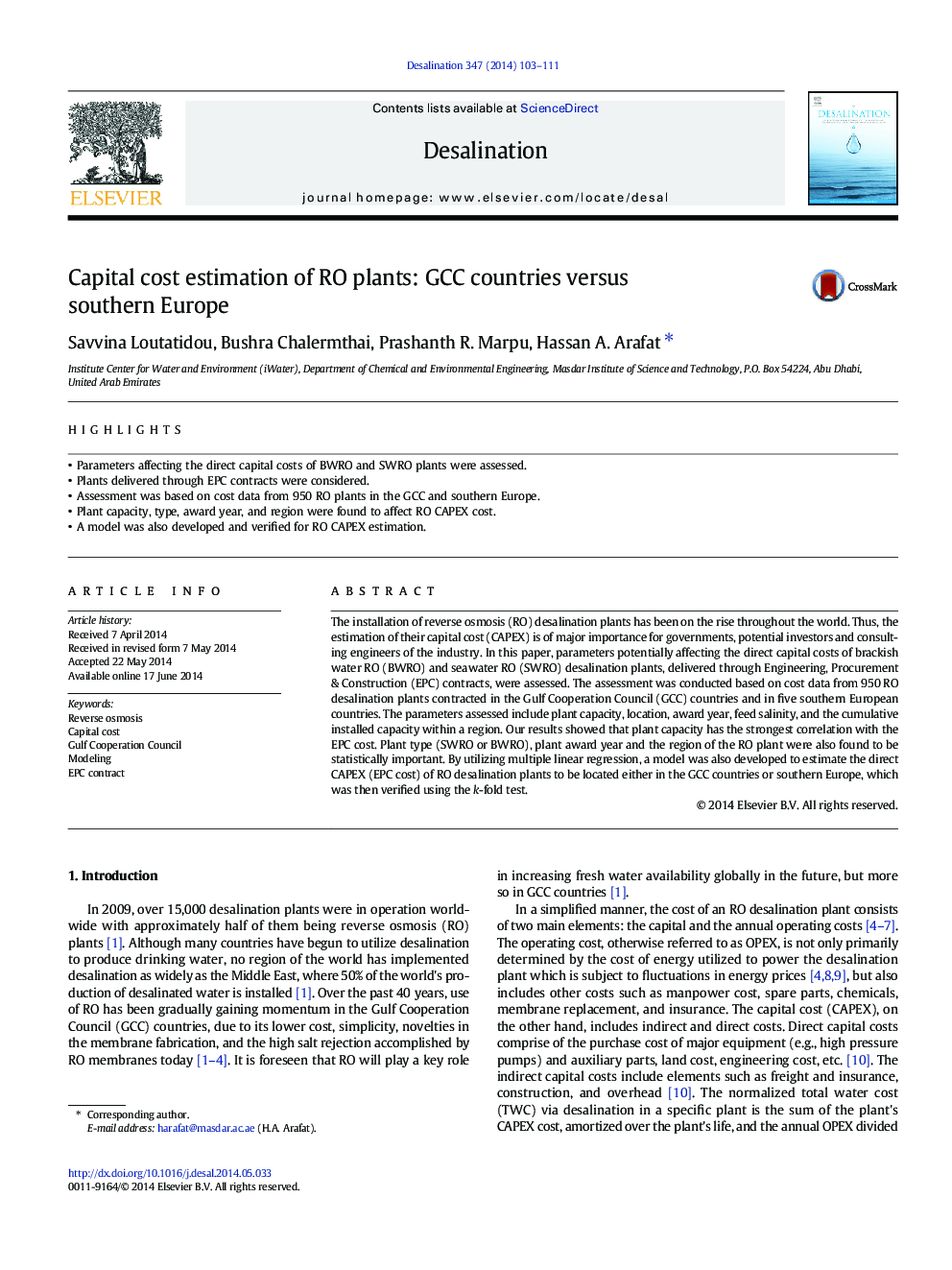 Capital cost estimation of RO plants: GCC countries versus southern Europe