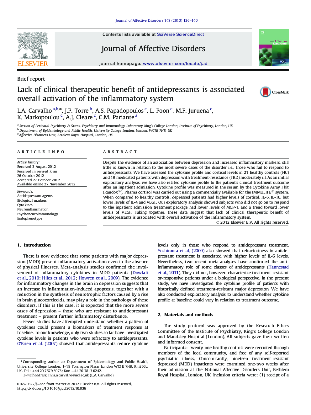 Lack of clinical therapeutic benefit of antidepressants is associated overall activation of the inflammatory system