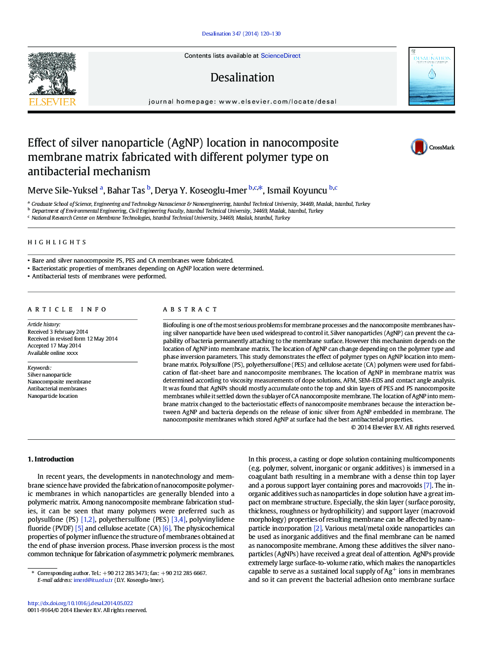 Effect of silver nanoparticle (AgNP) location in nanocomposite membrane matrix fabricated with different polymer type on antibacterial mechanism