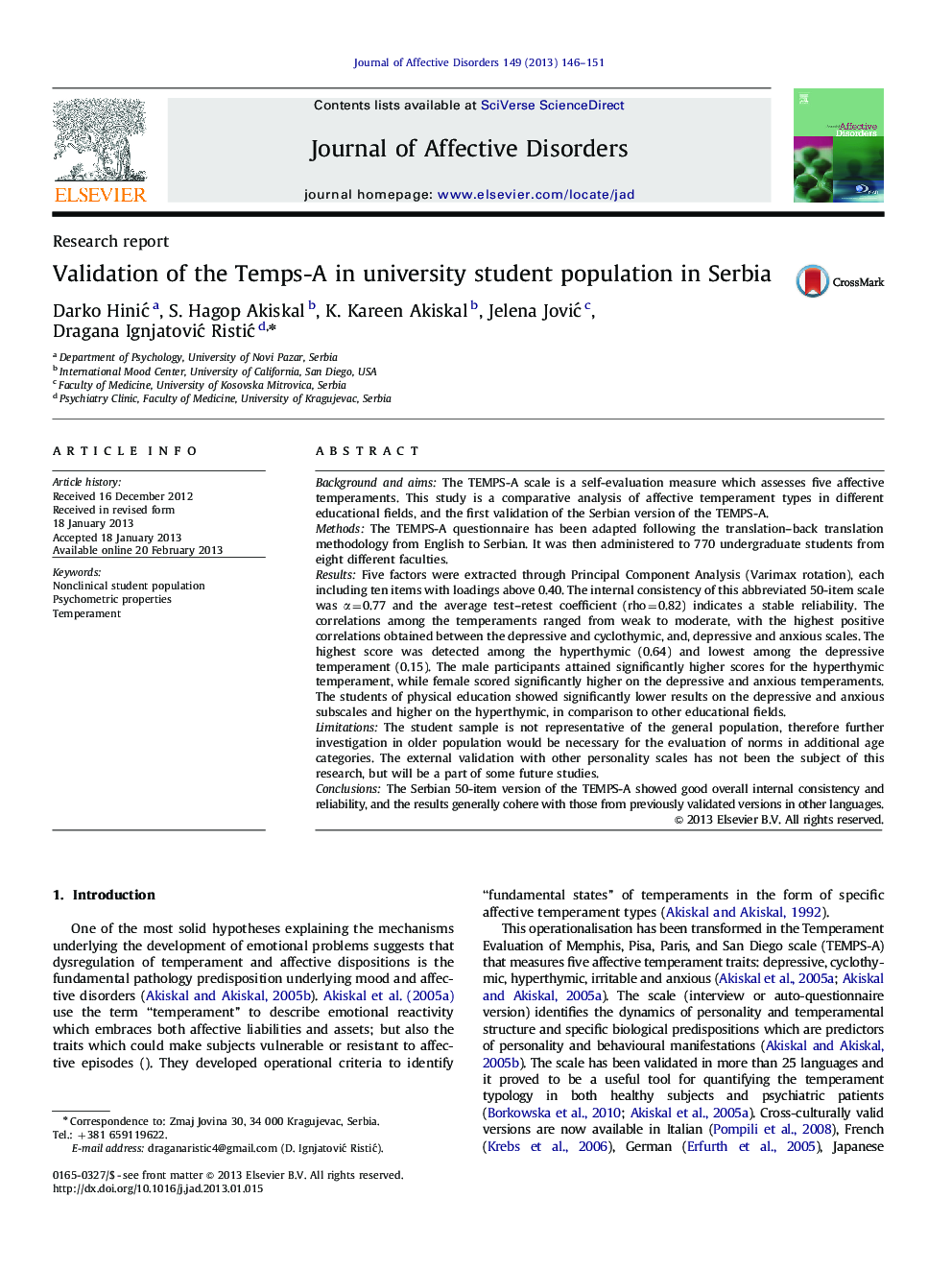 عکس صفحه اول مقاله: Validation of the Temps-A in university student population in Serbia Validation of the Temps-A in university student population in Serbia