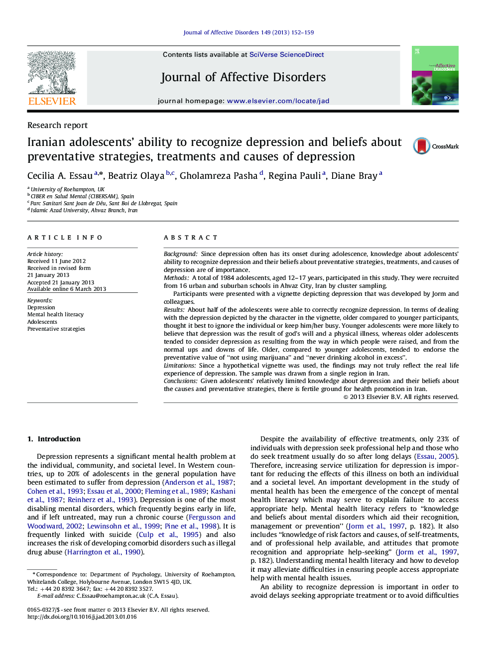 Iranian adolescents' ability to recognize depression and beliefs about preventative strategies, treatments and causes of depression