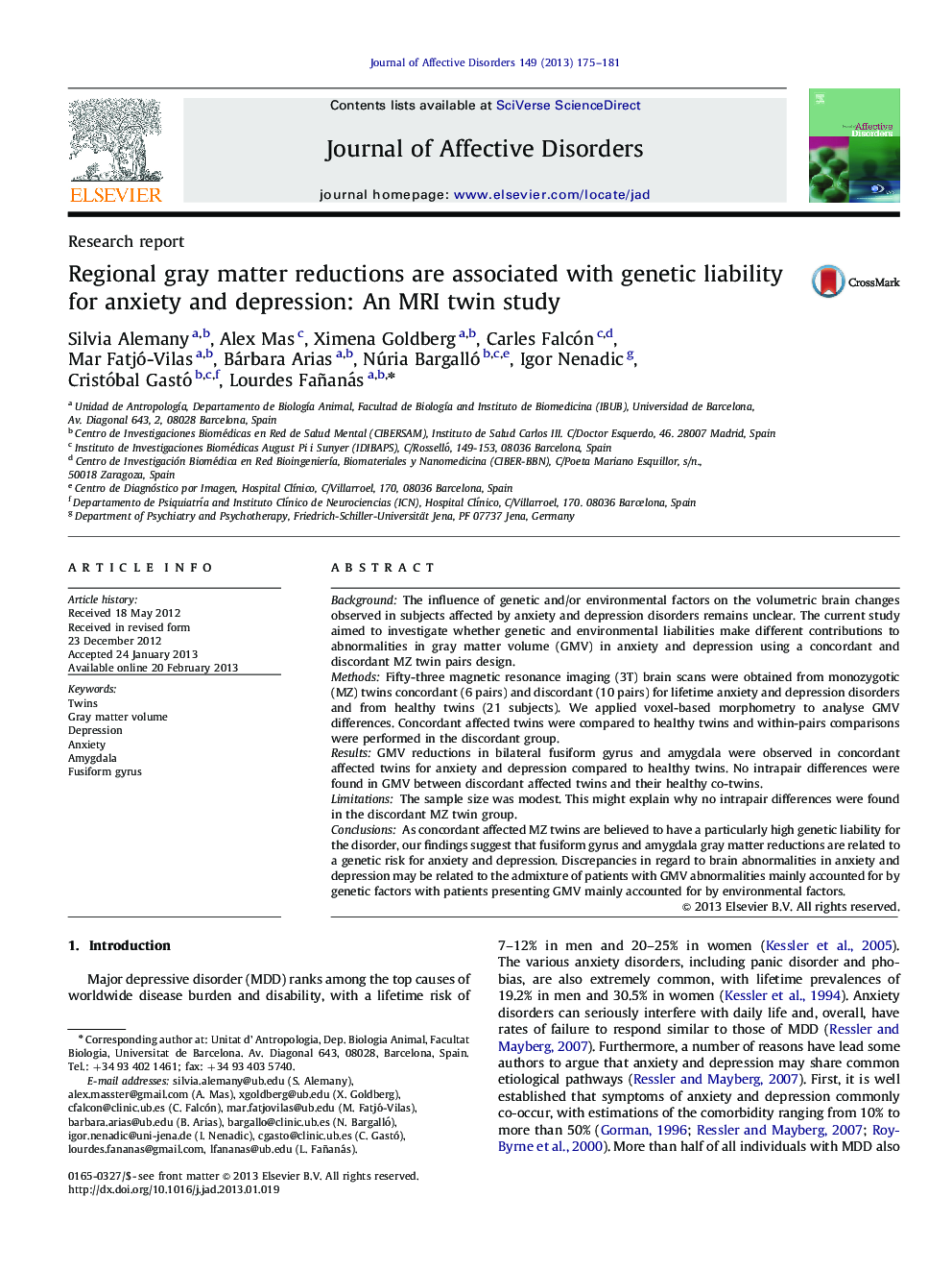 Regional gray matter reductions are associated with genetic liability for anxiety and depression: An MRI twin study