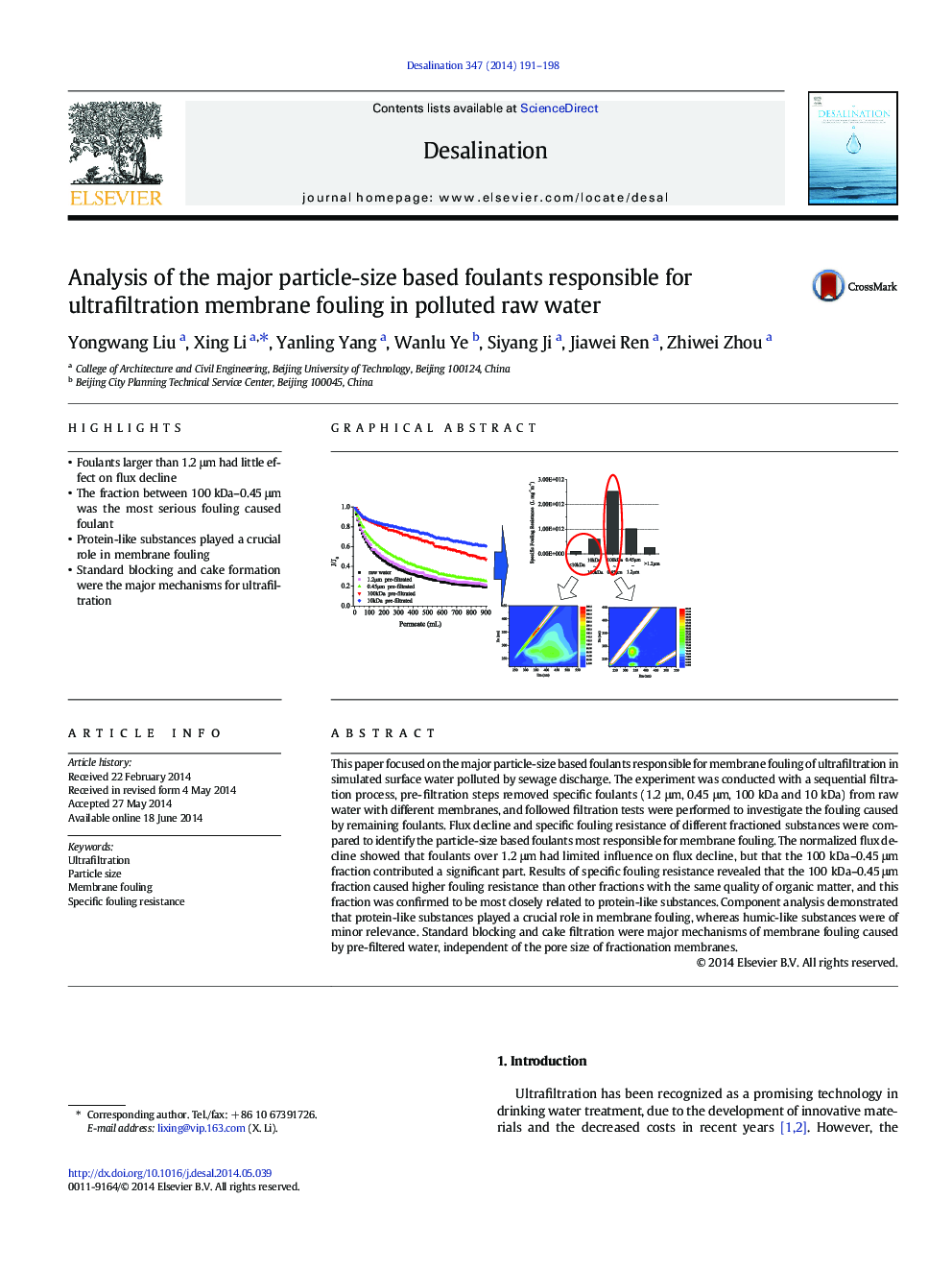 Analysis of the major particle-size based foulants responsible for ultrafiltration membrane fouling in polluted raw water