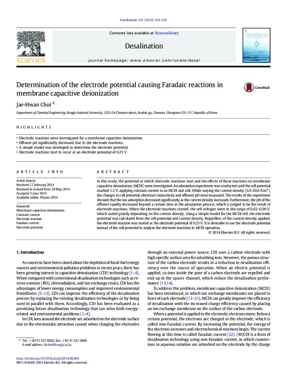 Determination of the electrode potential causing Faradaic reactions in membrane capacitive deionization