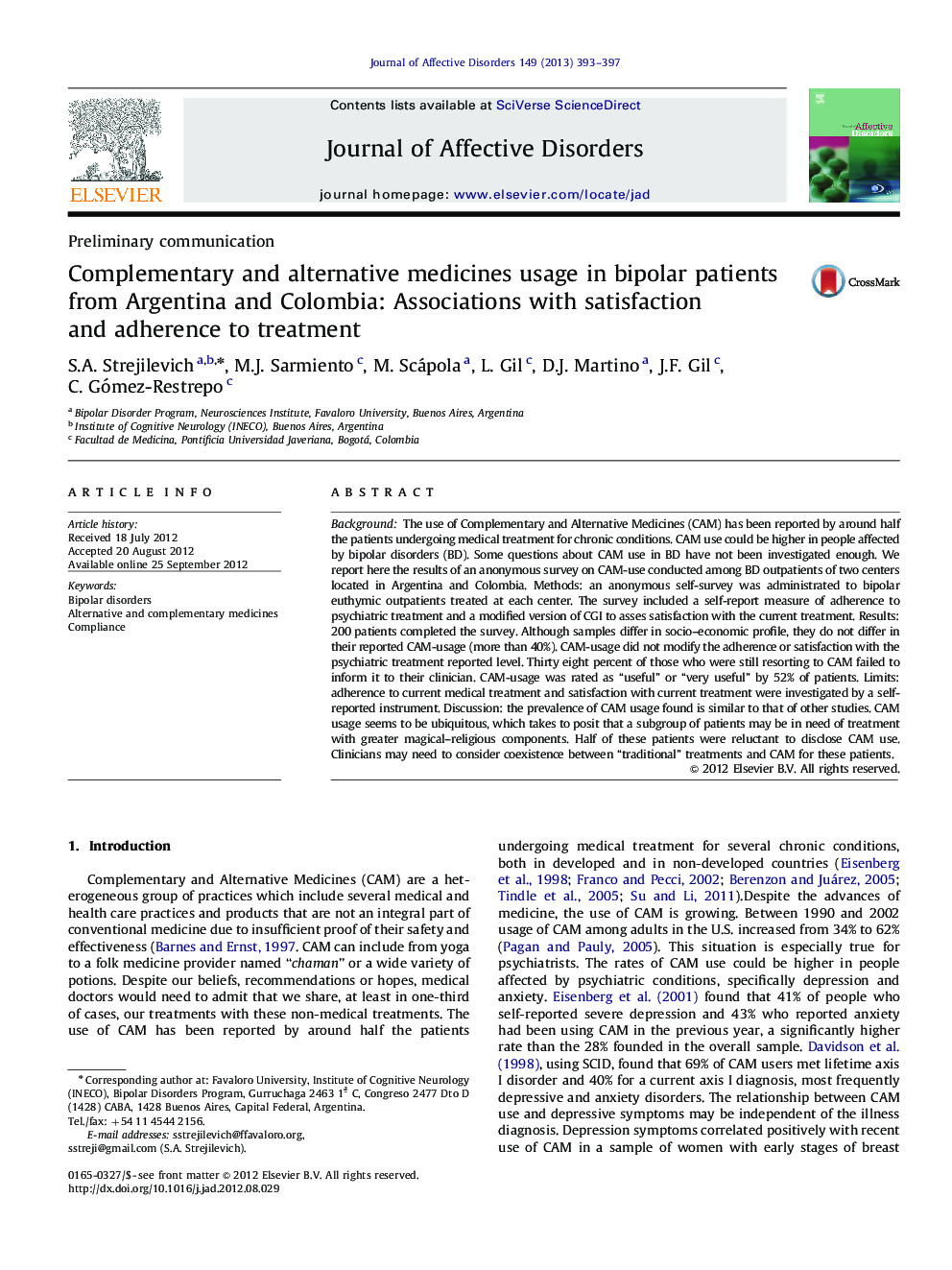 Complementary and alternative medicines usage in bipolar patients from Argentina and Colombia: Associations with satisfaction and adherence to treatment