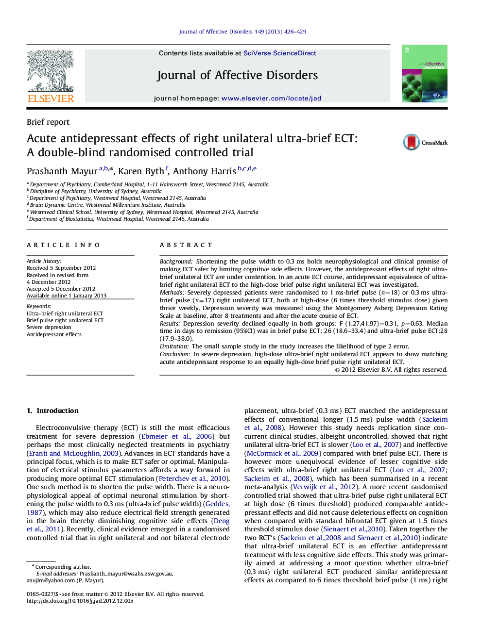 Acute antidepressant effects of right unilateral ultra-brief ECT: A double-blind randomised controlled trial