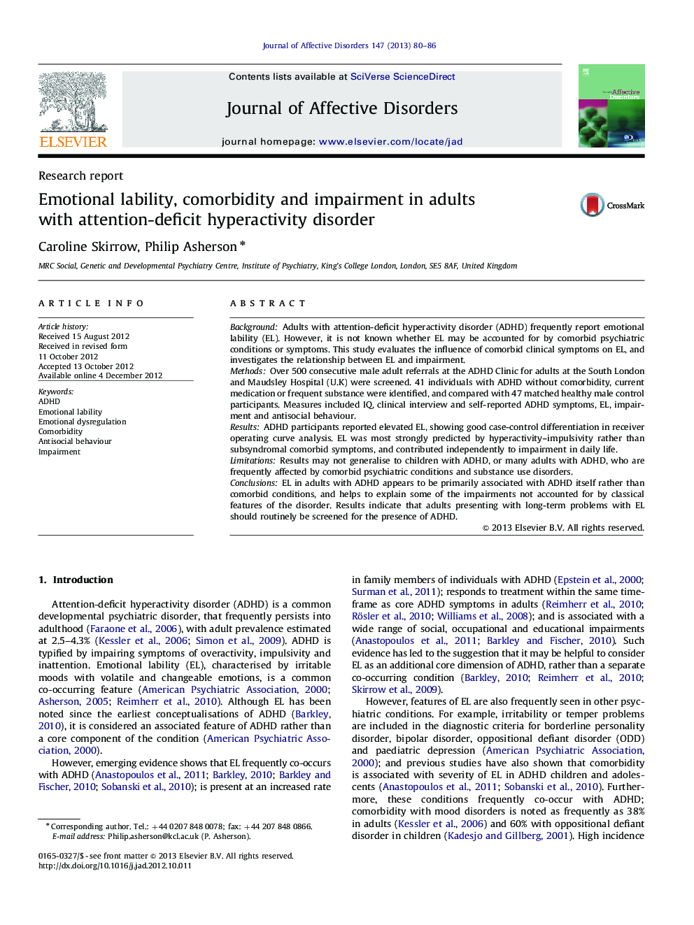 Emotional lability, comorbidity and impairment in adults with attention-deficit hyperactivity disorder