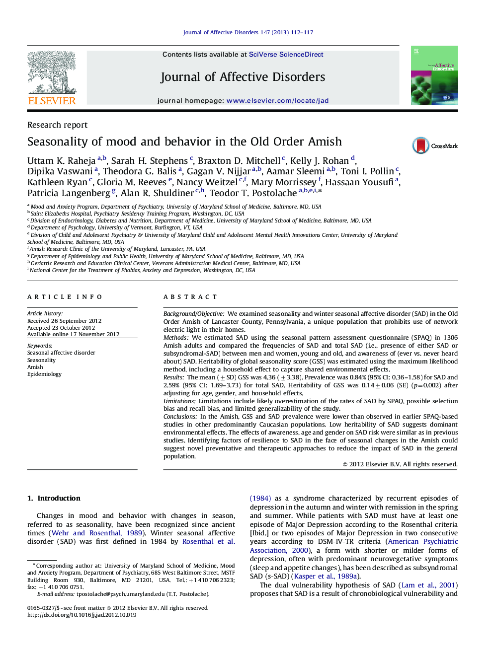 Seasonality of mood and behavior in the Old Order Amish