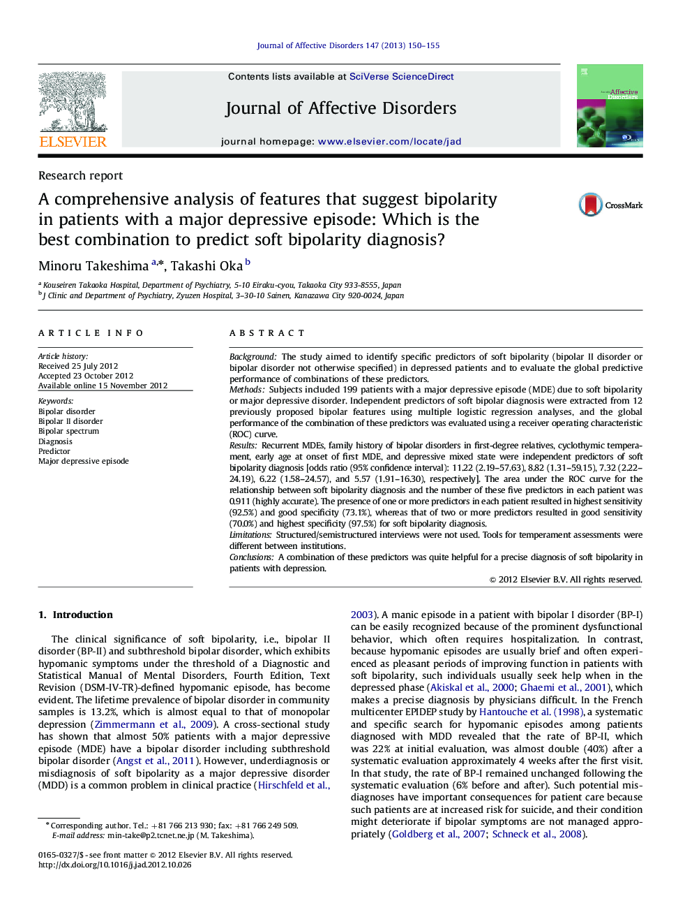 Research reportA comprehensive analysis of features that suggest bipolarity in patients with a major depressive episode: Which is the best combination to predict soft bipolarity diagnosis?