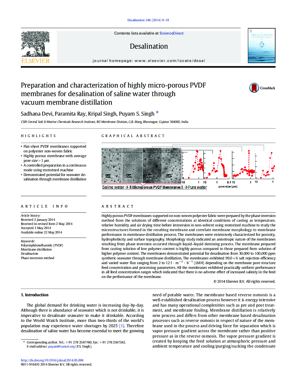 Preparation and characterization of highly micro-porous PVDF membranes for desalination of saline water through vacuum membrane distillation