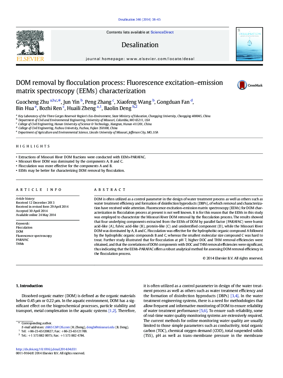 DOM removal by flocculation process: Fluorescence excitation-emission matrix spectroscopy (EEMs) characterization