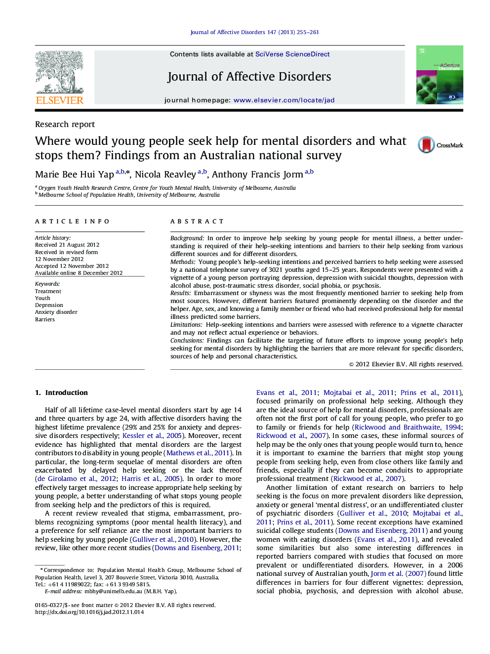 Where would young people seek help for mental disorders and what stops them? Findings from an Australian national survey