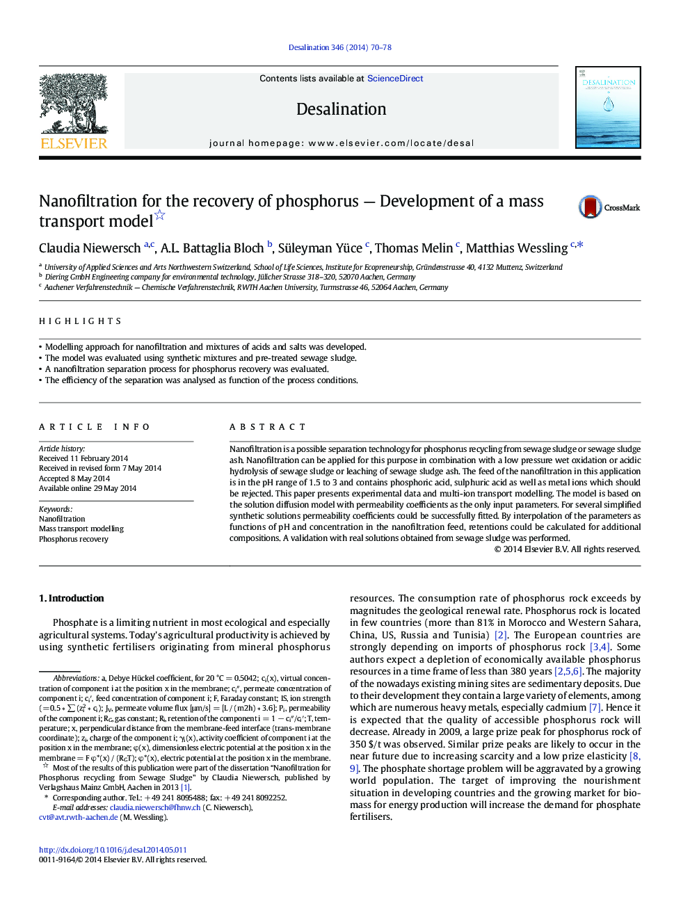 Nanofiltration for the recovery of phosphorus - Development of a mass transport model