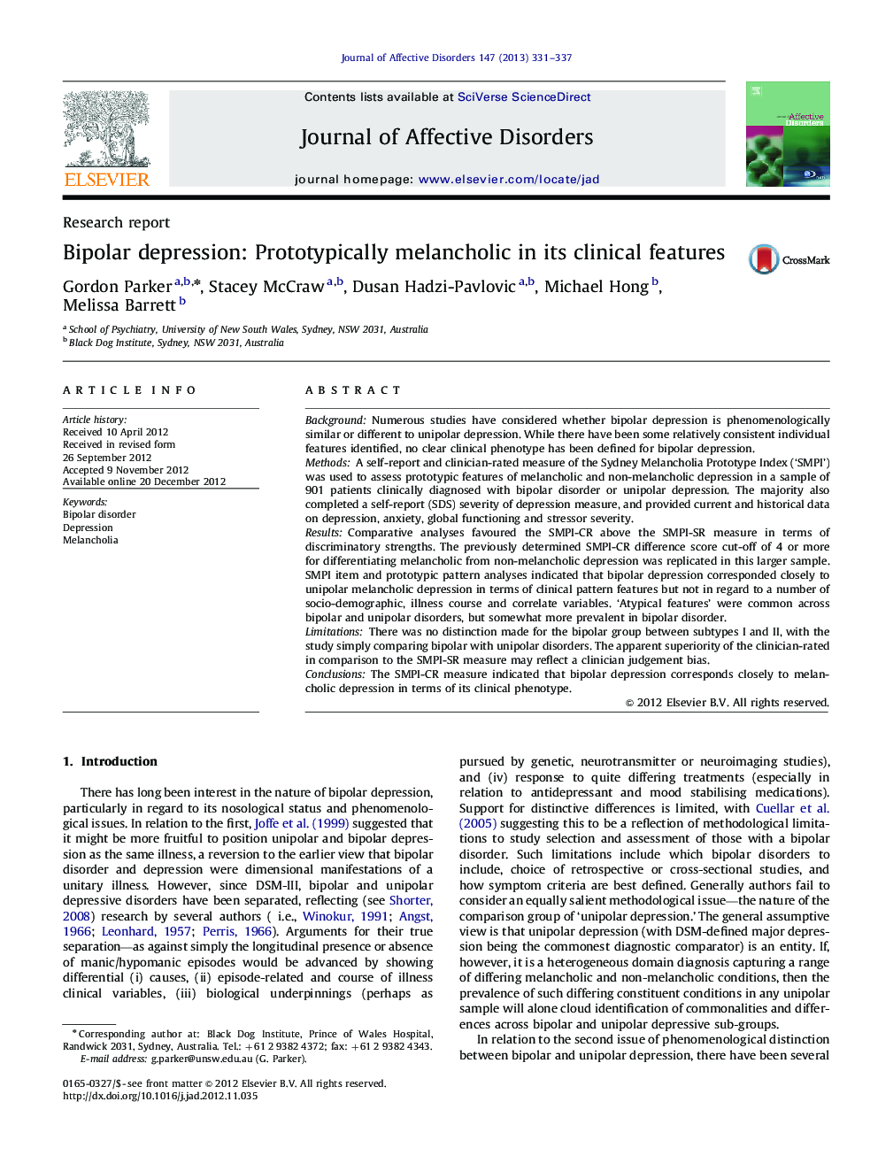 Research reportBipolar depression: Prototypically melancholic in its clinical features