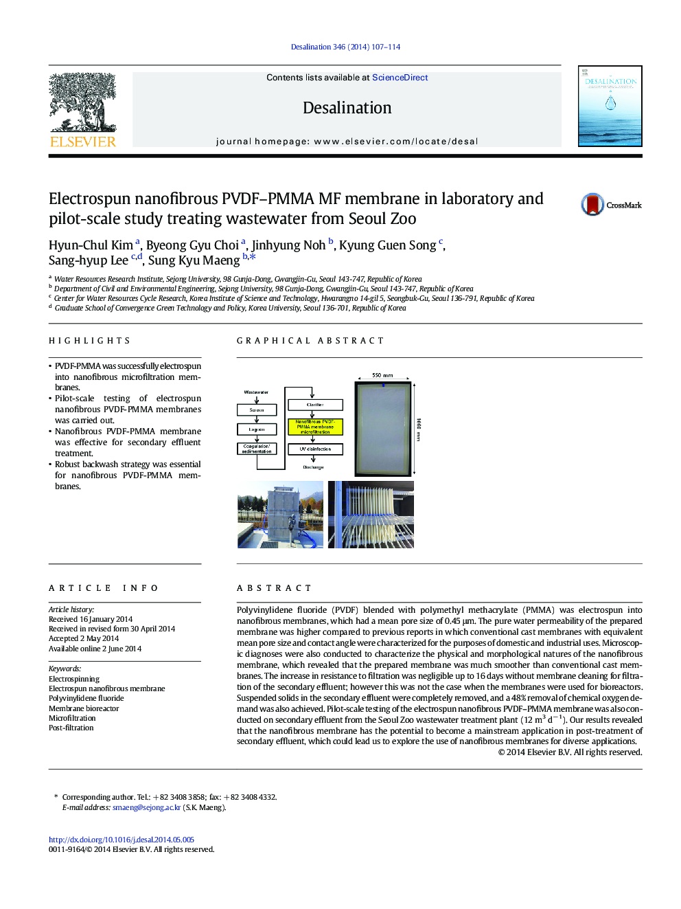 Electrospun nanofibrous PVDF–PMMA MF membrane in laboratory and pilot-scale study treating wastewater from Seoul Zoo
