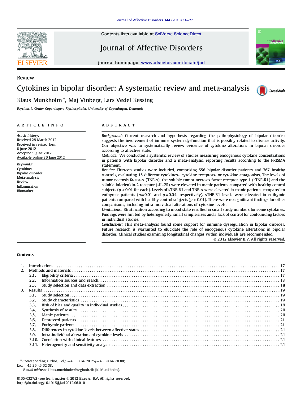 Cytokines in bipolar disorder: A systematic review and meta-analysis
