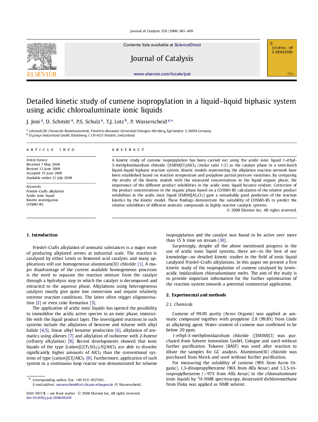 Detailed kinetic study of cumene isopropylation in a liquid–liquid biphasic system using acidic chloroaluminate ionic liquids