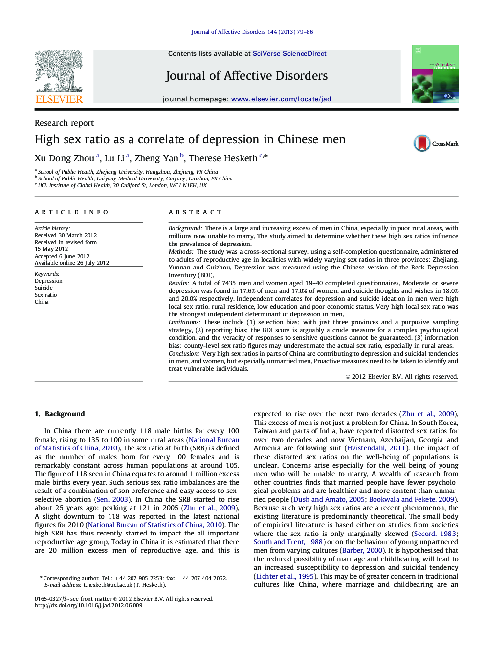 High sex ratio as a correlate of depression in Chinese men