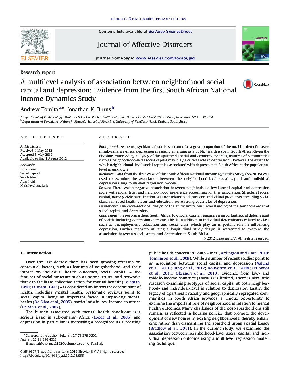 A multilevel analysis of association between neighborhood social capital and depression: Evidence from the first South African National Income Dynamics Study