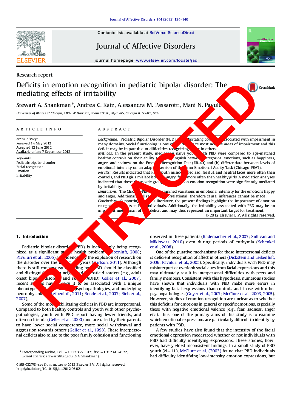 RETRACTED: Deficits in emotion recognition in pediatric bipolar disorder: The mediating effects of irritability