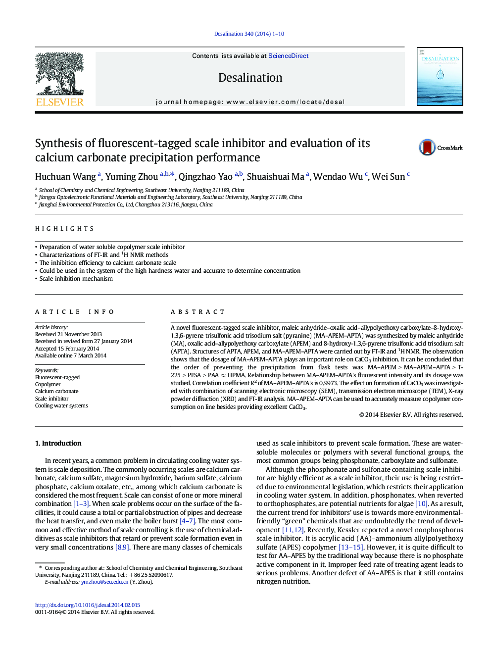 Synthesis of fluorescent-tagged scale inhibitor and evaluation of its calcium carbonate precipitation performance