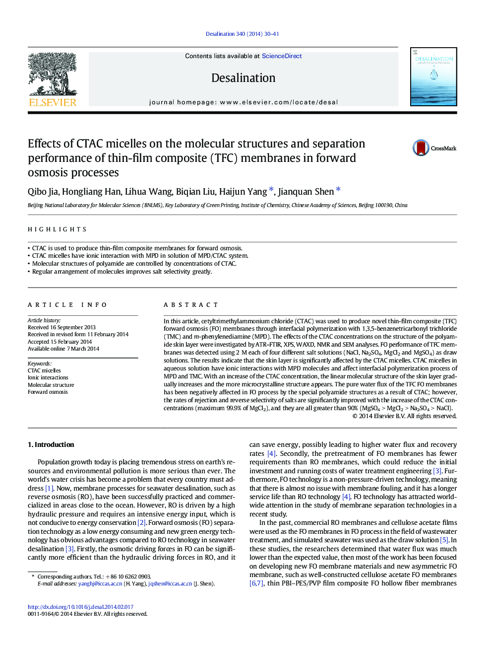 Effects of CTAC micelles on the molecular structures and separation performance of thin-film composite (TFC) membranes in forward osmosis processes