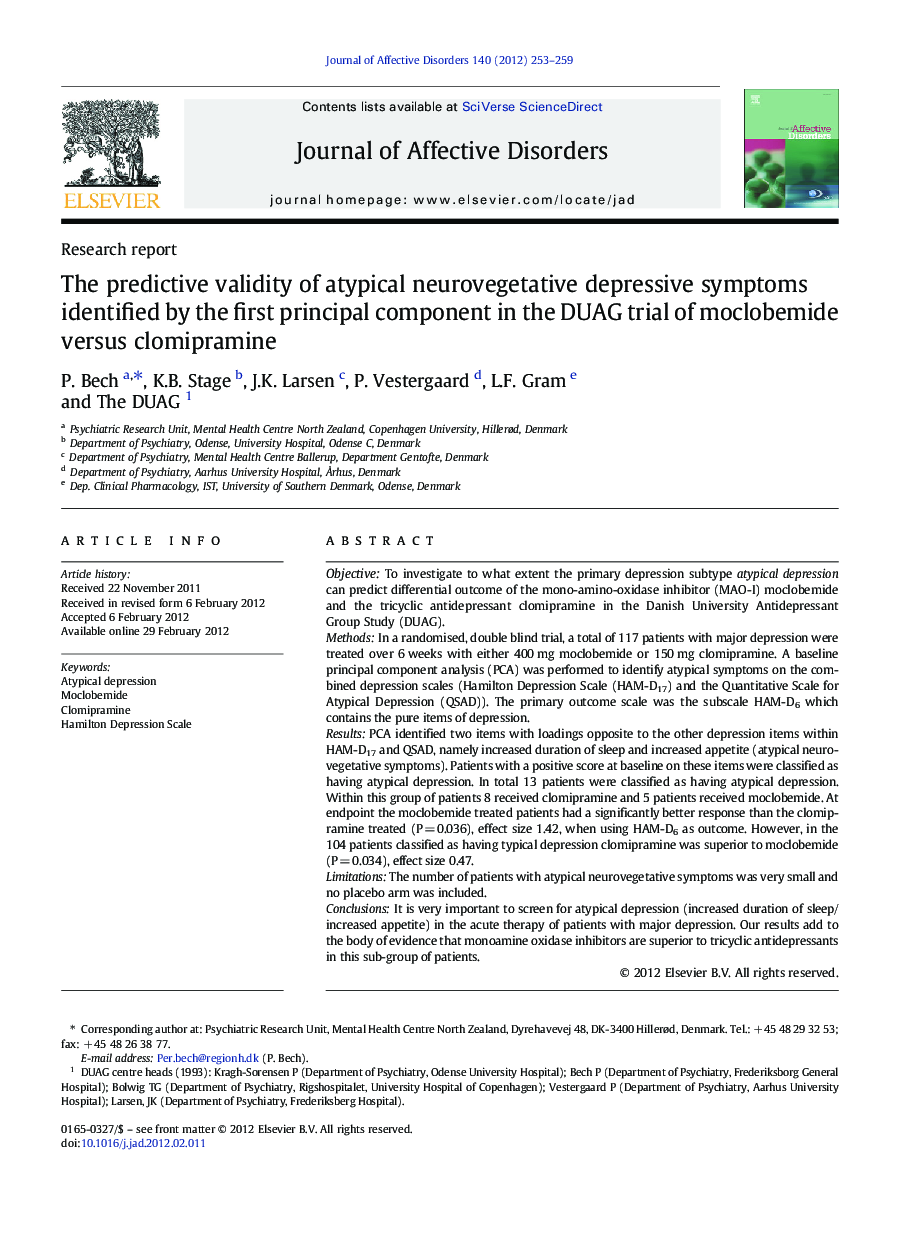 The predictive validity of atypical neurovegetative depressive symptoms identified by the first principal component in the DUAG trial of moclobemide versus clomipramine