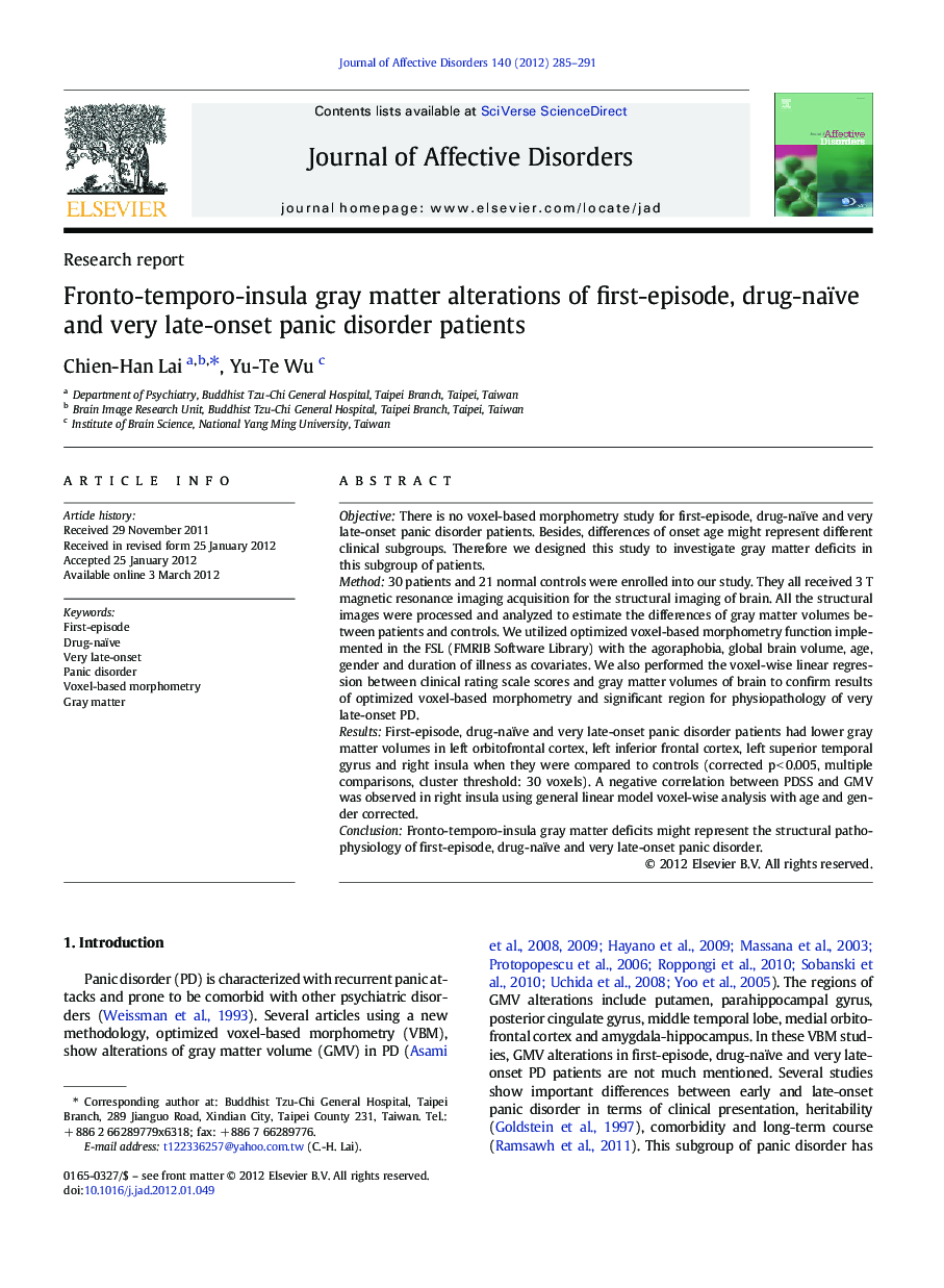 Fronto-temporo-insula gray matter alterations of first-episode, drug-naïve and very late-onset panic disorder patients