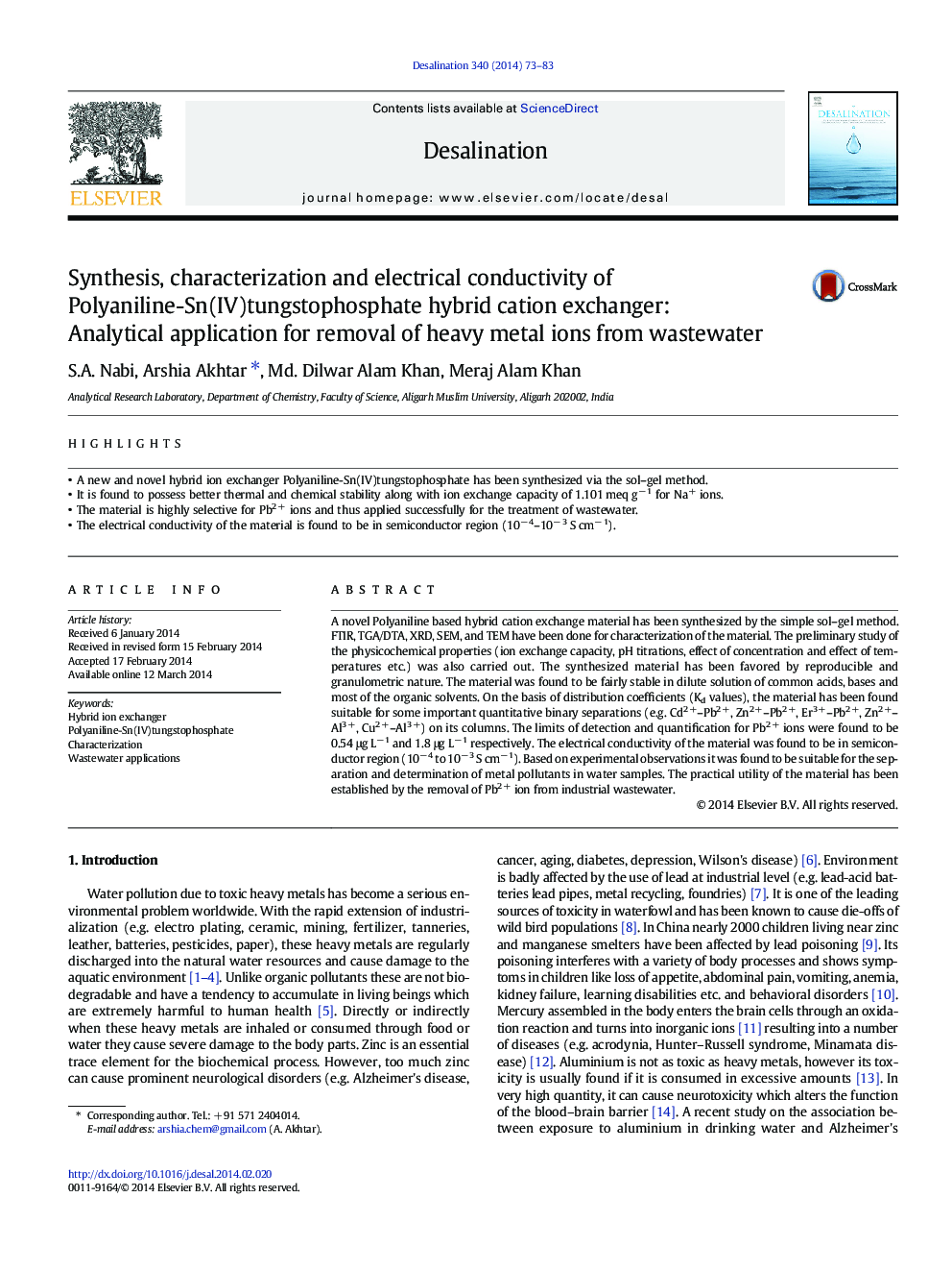 Synthesis, characterization and electrical conductivity of Polyaniline-Sn(IV)tungstophosphate hybrid cation exchanger: Analytical application for removal of heavy metal ions from wastewater