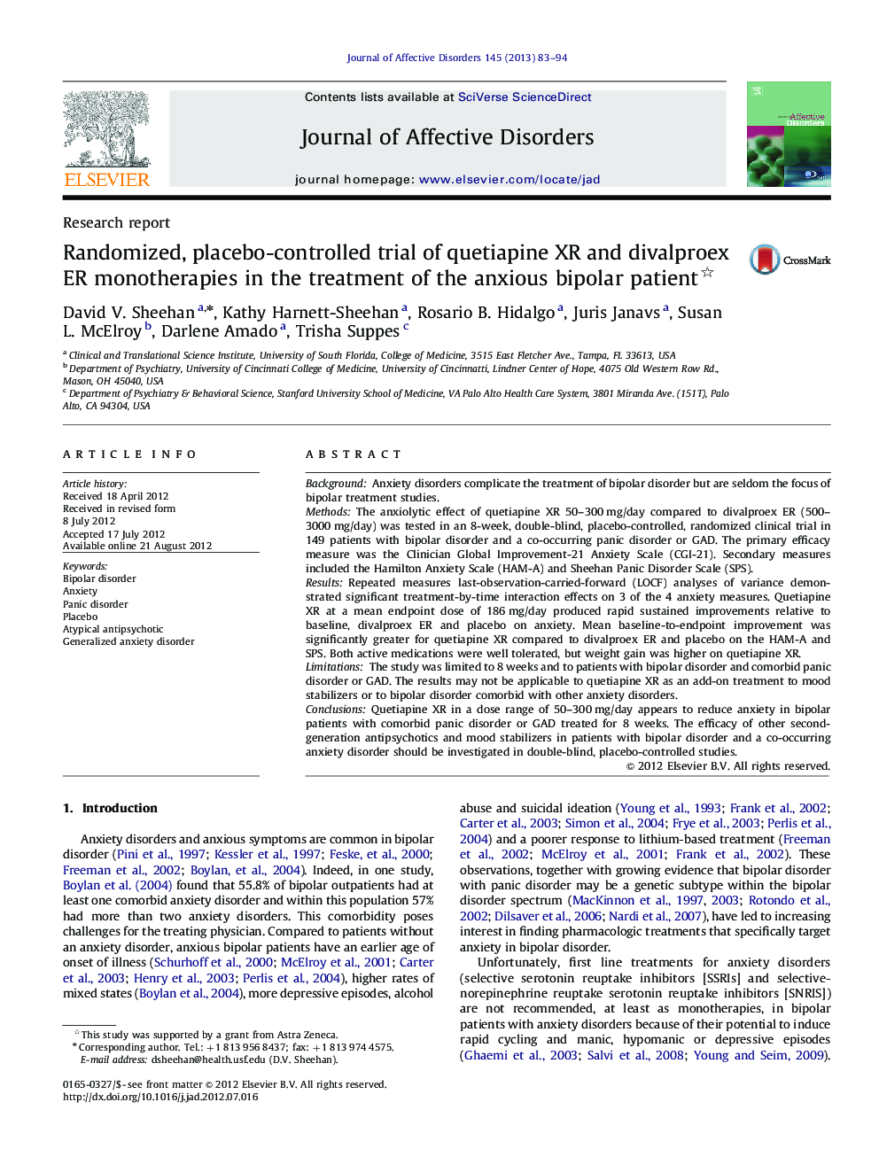 Randomized, placebo-controlled trial of quetiapine XR and divalproex ER monotherapies in the treatment of the anxious bipolar patient