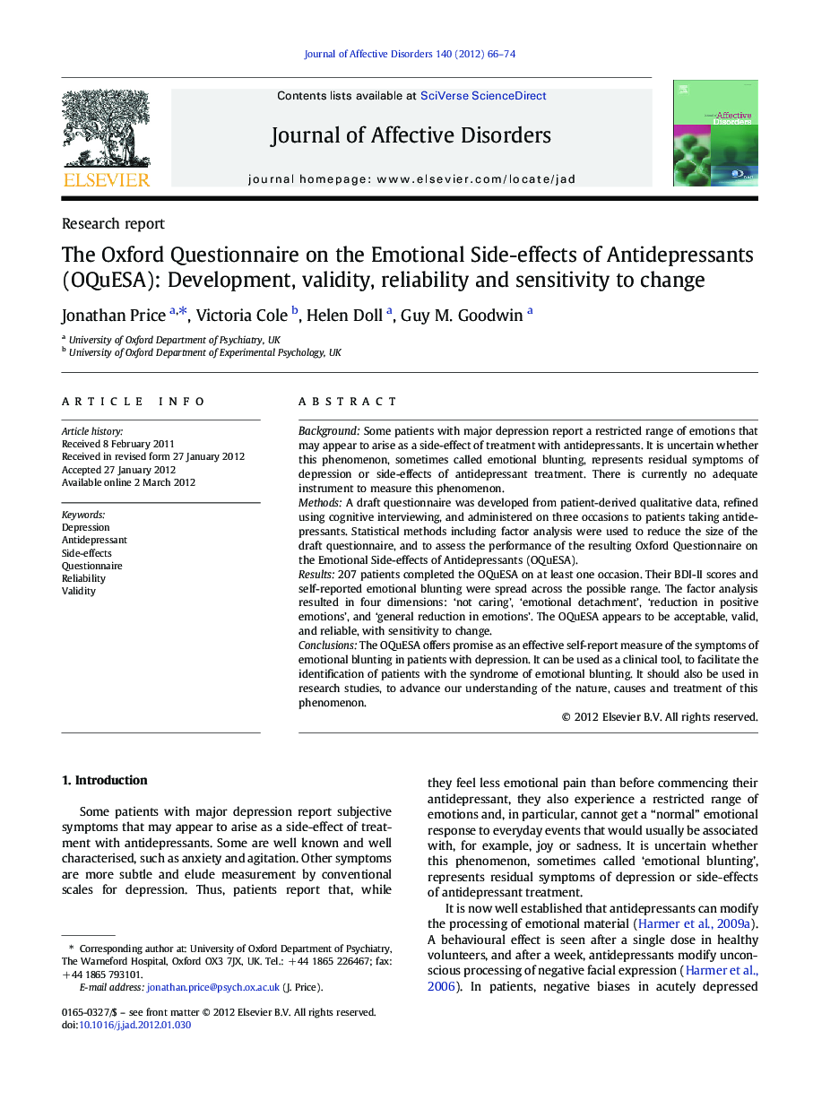 The Oxford Questionnaire on the Emotional Side-effects of Antidepressants (OQuESA): Development, validity, reliability and sensitivity to change