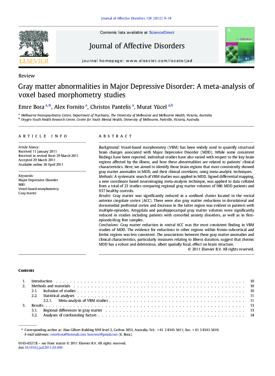 Gray matter abnormalities in Major Depressive Disorder: A meta-analysis of voxel based morphometry studies