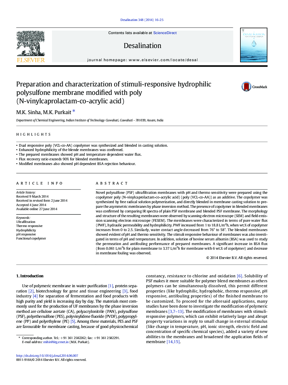 Preparation and characterization of stimuli-responsive hydrophilic polysulfone membrane modified with poly (N-vinylcaprolactam-co-acrylic acid)