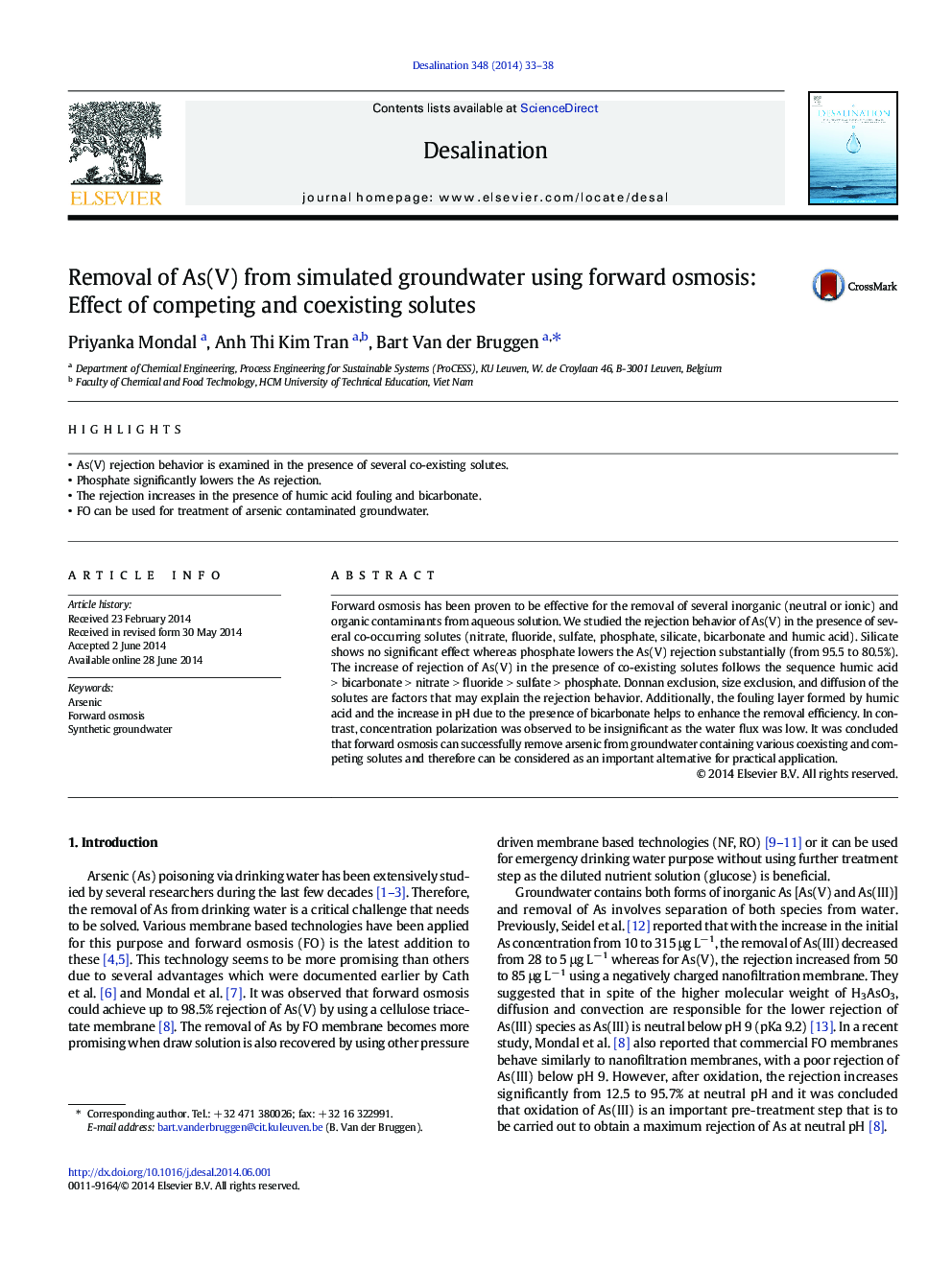 Removal of As(V) from simulated groundwater using forward osmosis: Effect of competing and coexisting solutes