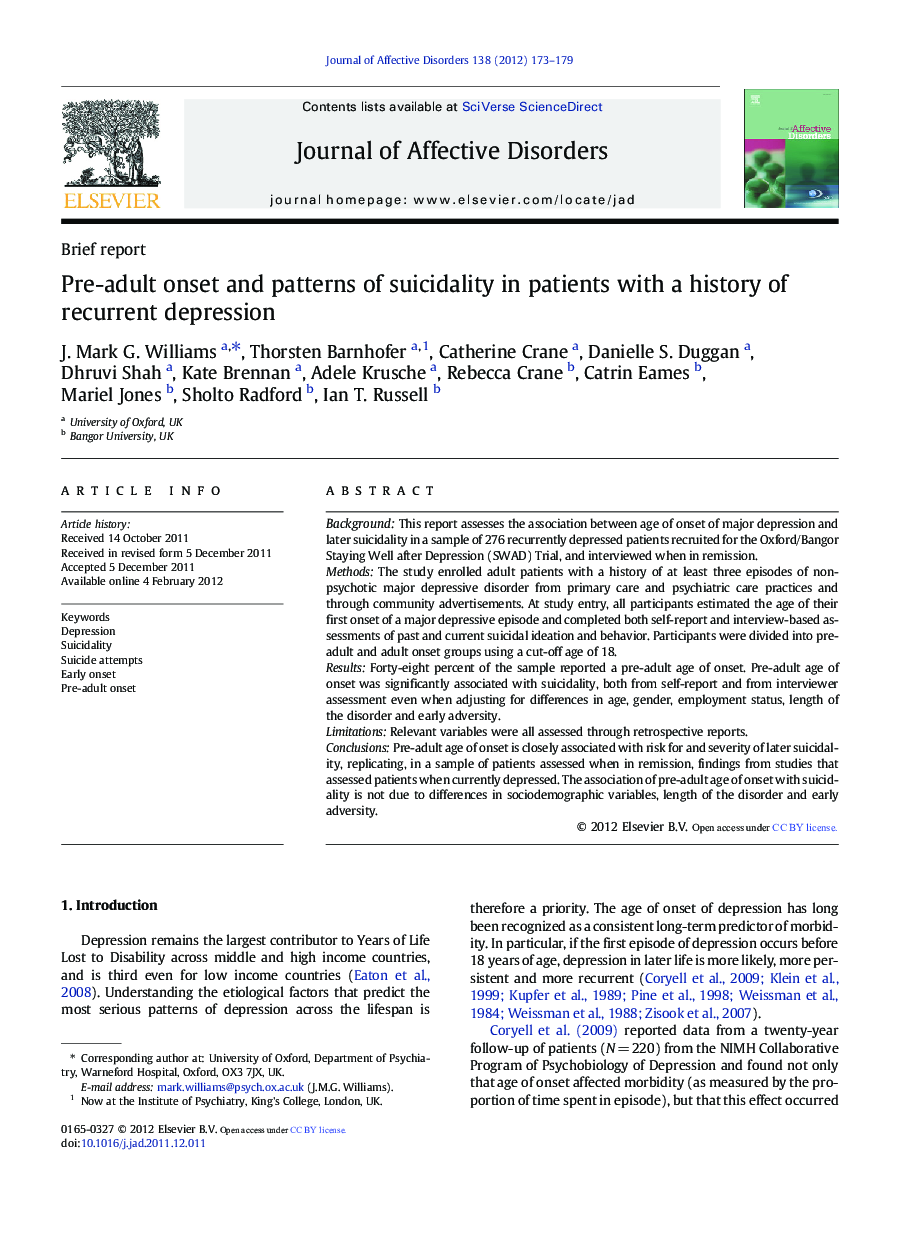 Pre-adult onset and patterns of suicidality in patients with a history of recurrent depression