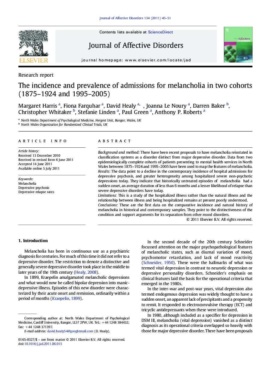 The incidence and prevalence of admissions for melancholia in two cohorts (1875-1924 and 1995-2005)