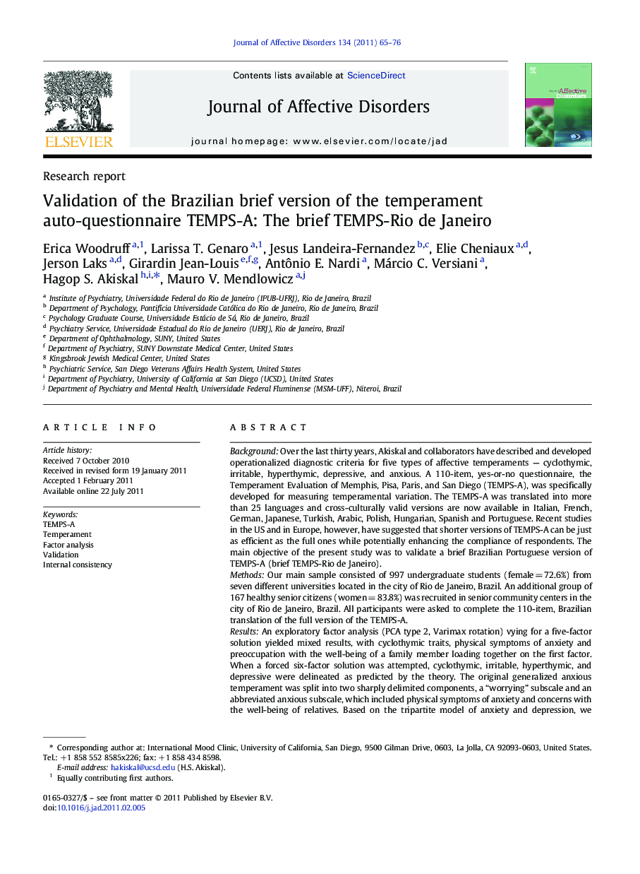 Validation of the Brazilian brief version of the temperament auto-questionnaire TEMPS-A: The brief TEMPS-Rio de Janeiro