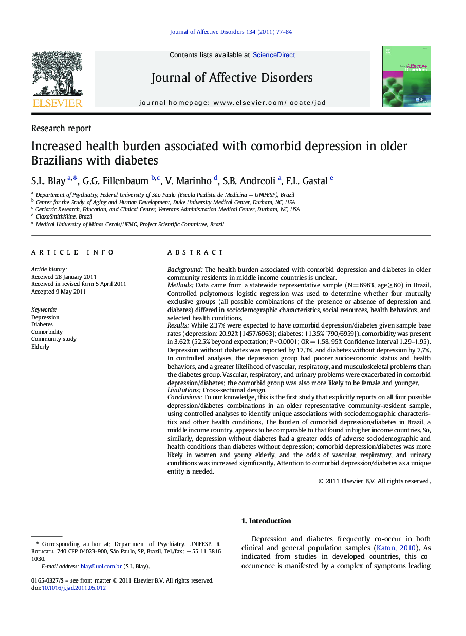 Increased health burden associated with comorbid depression in older Brazilians with diabetes