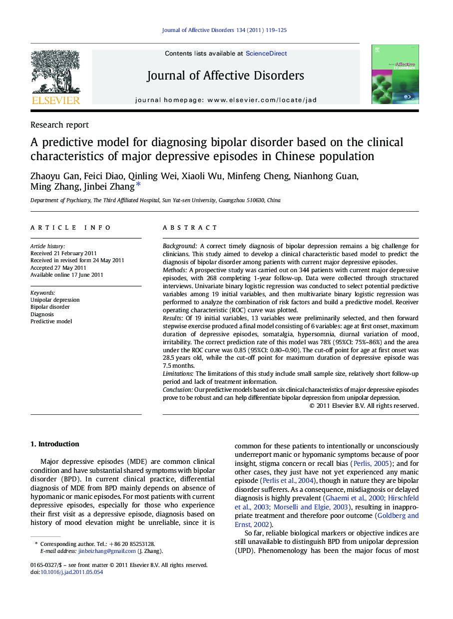 A predictive model for diagnosing bipolar disorder based on the clinical characteristics of major depressive episodes in Chinese population