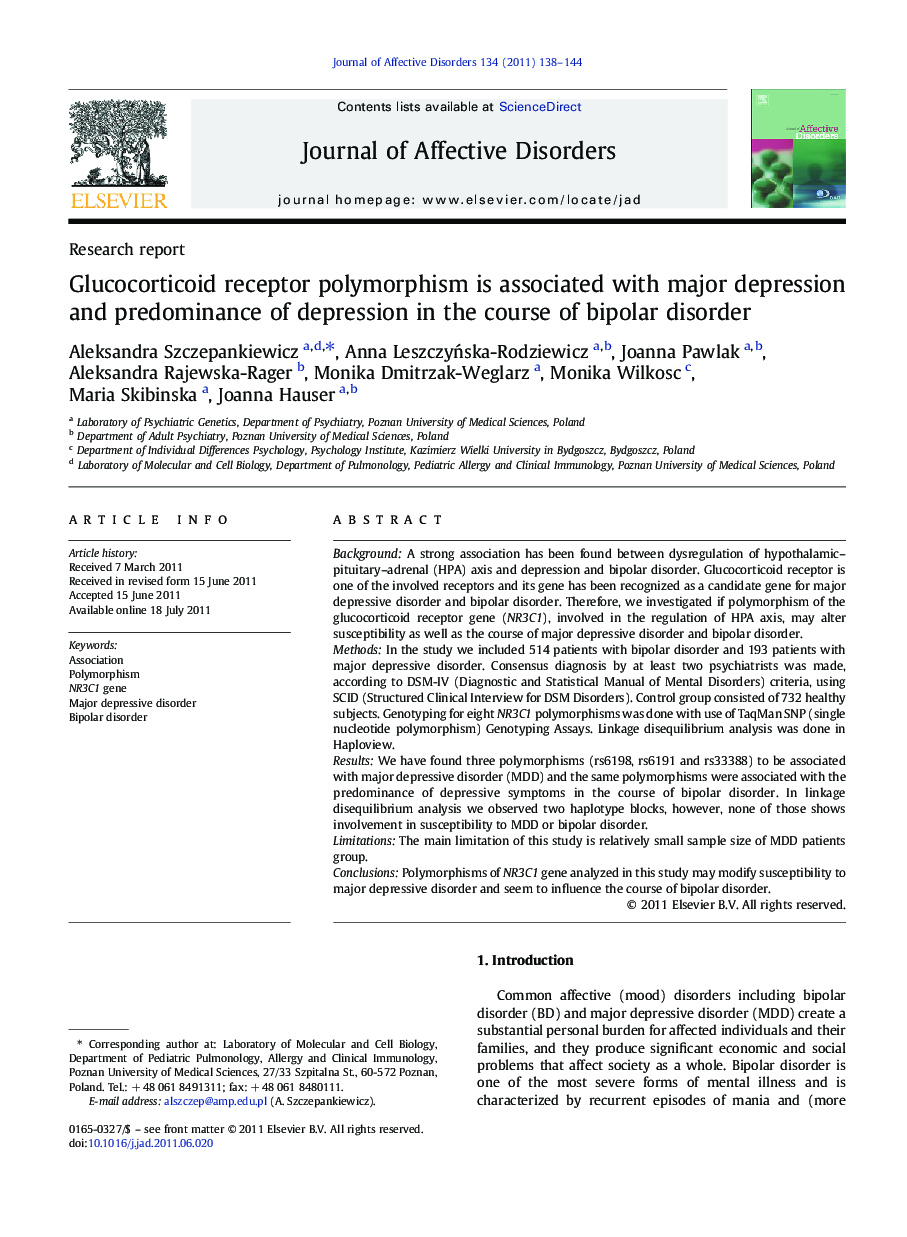 Glucocorticoid receptor polymorphism is associated with major depression and predominance of depression in the course of bipolar disorder