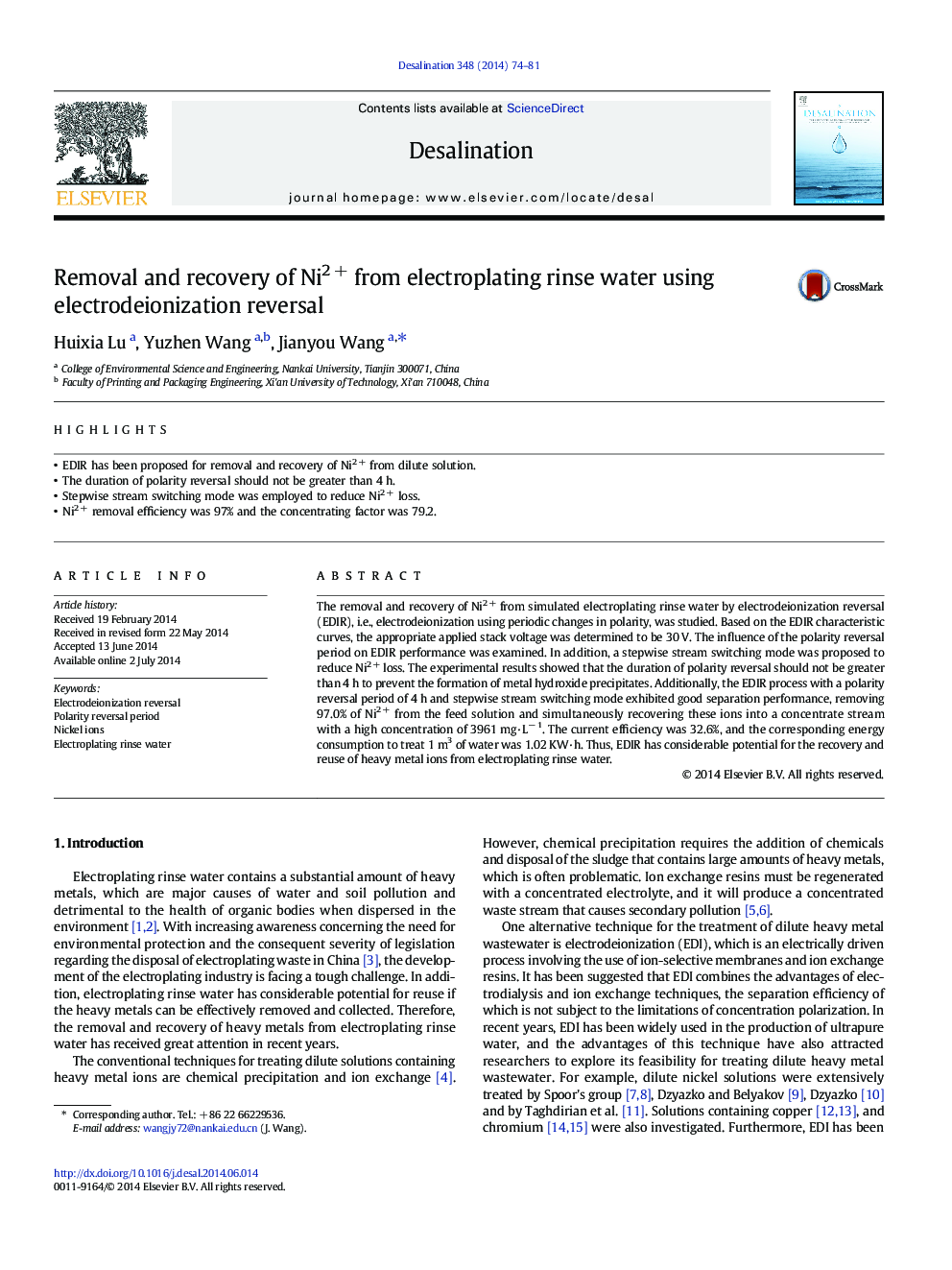 Removal and recovery of Ni2 + from electroplating rinse water using electrodeionization reversal