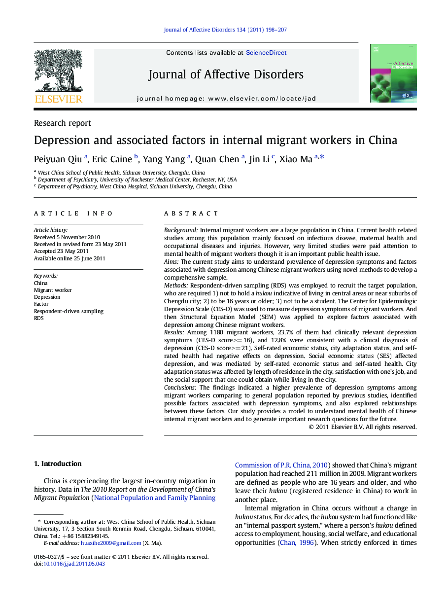 Depression and associated factors in internal migrant workers in China