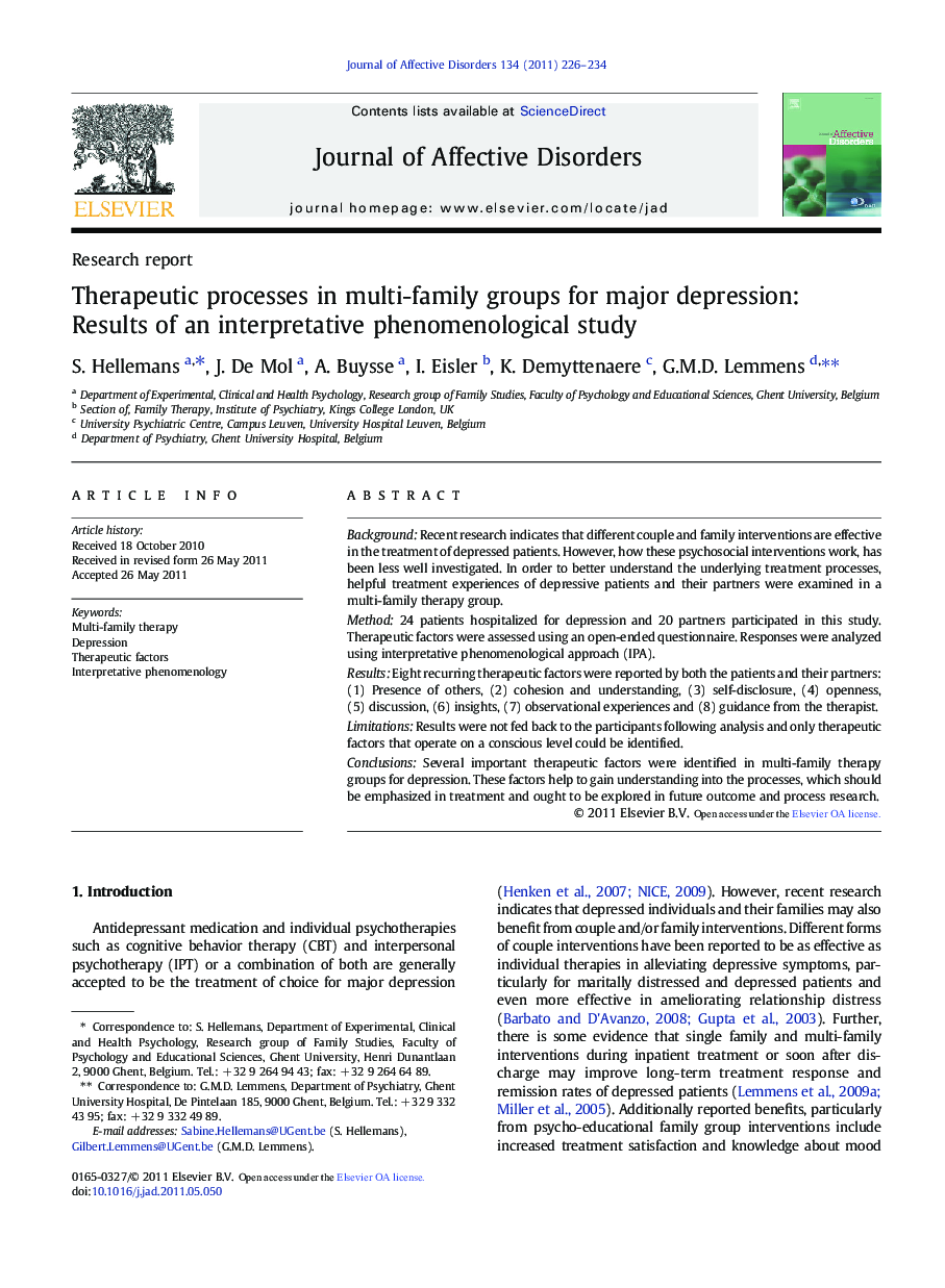 Therapeutic processes in multi-family groups for major depression: Results of an interpretative phenomenological study