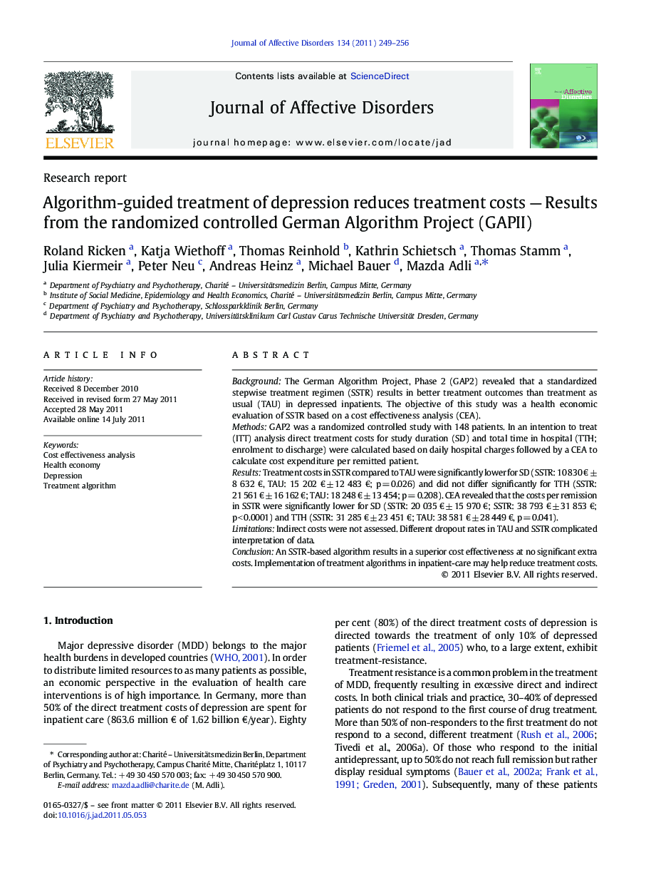 Algorithm-guided treatment of depression reduces treatment costs - Results from the randomized controlled German Algorithm Project (GAPII)